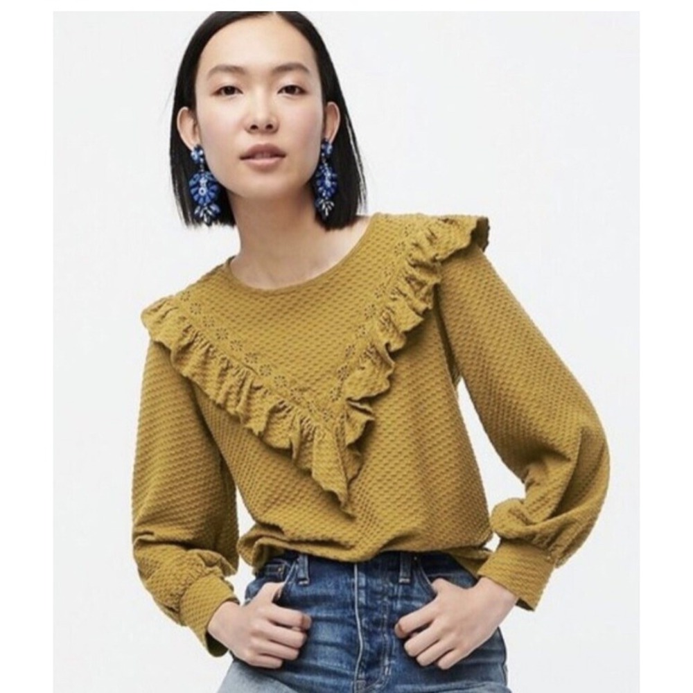 J Crew Ruffle Trim Honeycomb Knit Cotton Top Womens Medium